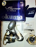 Okuma Vsystem V-55A 15BB Spinning Reel Complete W Spare Spool, Manuals, Cover. Fixed Price $279.95.