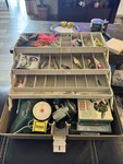 Mixed Vintag Fishing Tackle Box Reels Line Spools, Hooks Some New. Fixed Price $75.00.