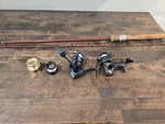 2 Small Fishing Reels Bass Pro Shops MEX05F & Shimano Axul-s + Additional Pole. Fixed Price $72.00.