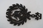 Vtg John Wright Trivet Cast Iron Eagle Heart W/ Laurel Serveware Handle #266. Fixed Price $12.00.