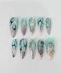 Blue Ocean Wave Long Almond Press-on Nails, Hand-painted Sea Art Set. Fixed Price $31.99.
