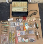 Vtg Fishing Tackle Box Lot Lures Spinners Jigs Floats Knives Hooks Misc Gear. Fixed Price $74.85.