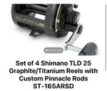 Set Of 4 Shimano Tld 25 Graphite/titanium Reels W/ Pinnacle ST-165ARSD Rods. Fixed Price $1499.00.
