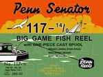Vintage Penn Senator #117 14/0 Fishing Reel Box Label Recreated On Satin Canvas. Fixed Price $26.00.